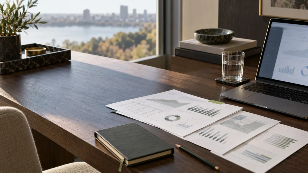 Investment proposal papers and portfolio charts on a desk beside a laptop overlooking water.