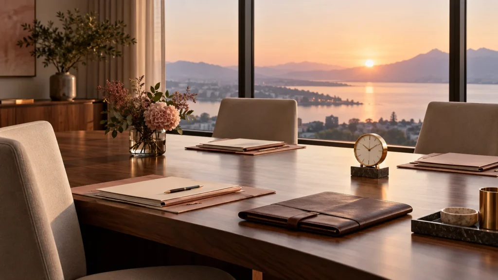An empty family office conference table at dawn with folders and a clock ready for the next decision.