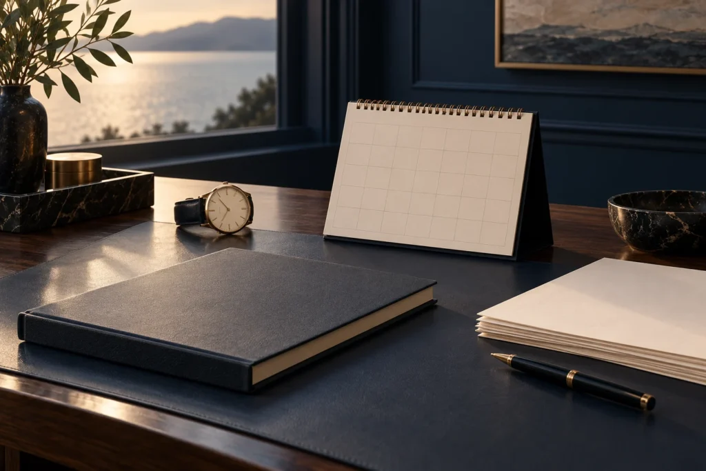 A blank calendar, watch and closed ledger on a desk