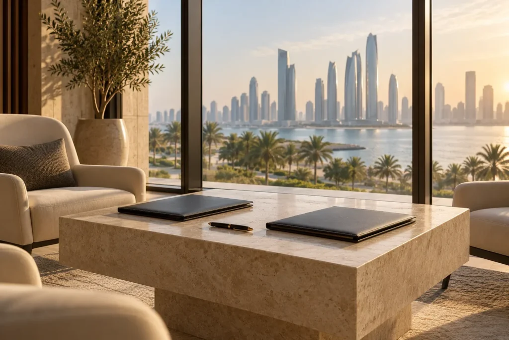 Quiet UAE family-office meeting room with closed folders and a distant city skyline; no text on the image.