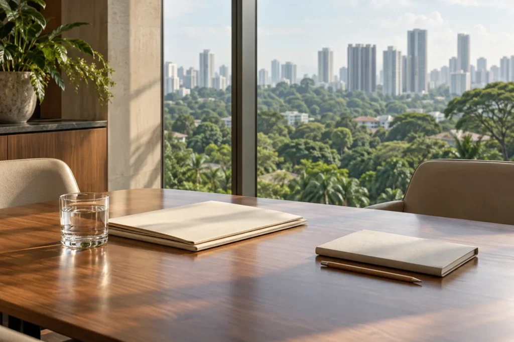 Quiet Singapore office overlooking a green city skyline, with no text on the image.