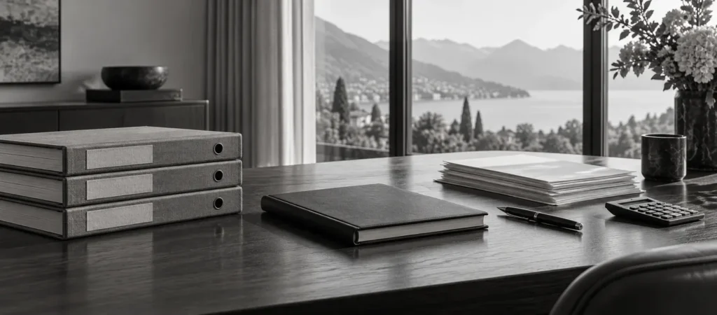 Organized family office audit evidence folders, ledger, papers and calculator on a desk