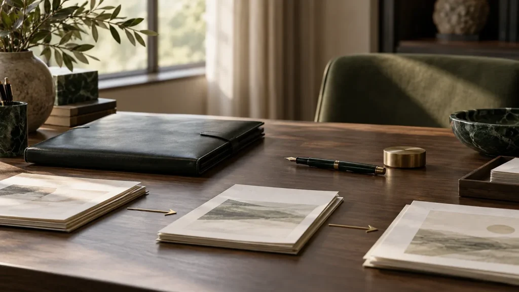 A closed folder, documents and a pen arranged on a desk