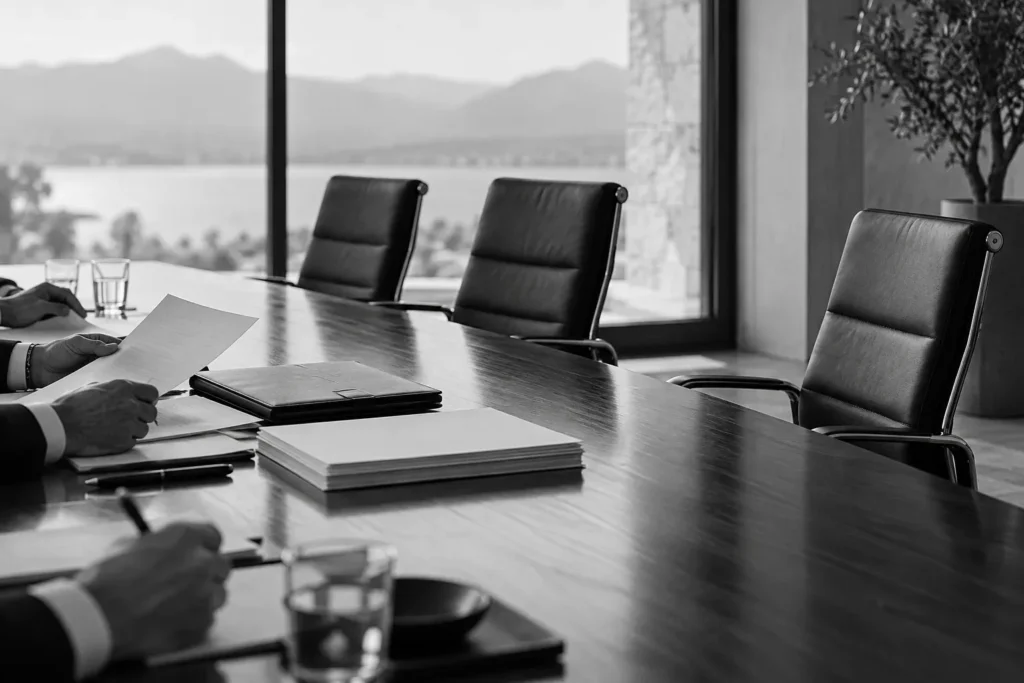 Family office committee table with one chair left unoccupied while members review papers, no text in image.