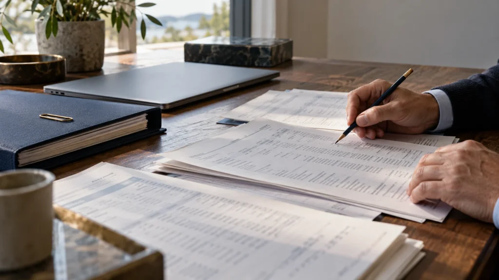 A reviewer checks supporting financial statements at a desk beside a navy folder and closed laptop