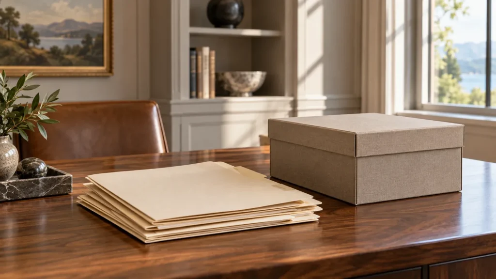 Plain archive box and document folders on a family-office desk.
