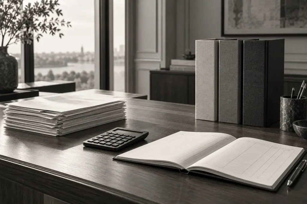 Text-free grayscale photograph of a desk with accounting records, a calculator and three unmarked folders.