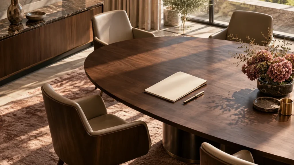 Sunlit family-office meeting room with a round wooden decision table, an empty folder and a pen