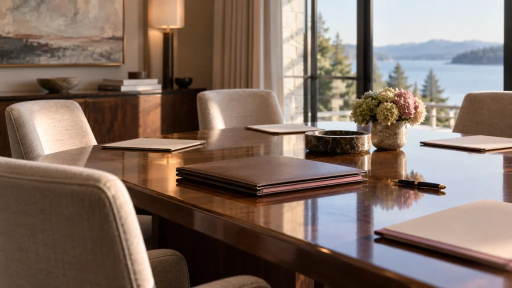 Empty family-office investment committee meeting room with folders and notes set out for a governance decision
