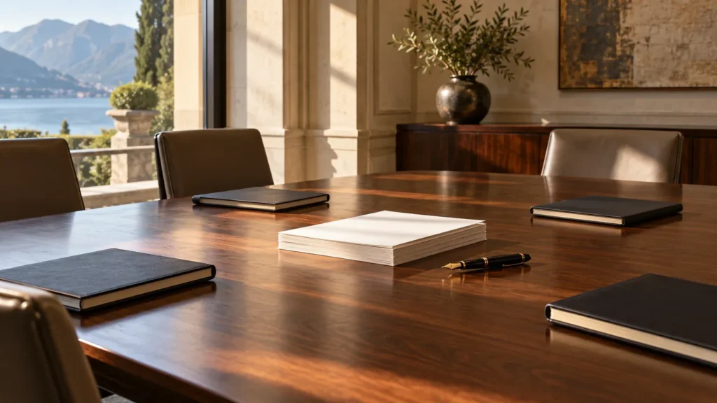 Investment committee table with open notebooks, documents and a pen, without overlaid text