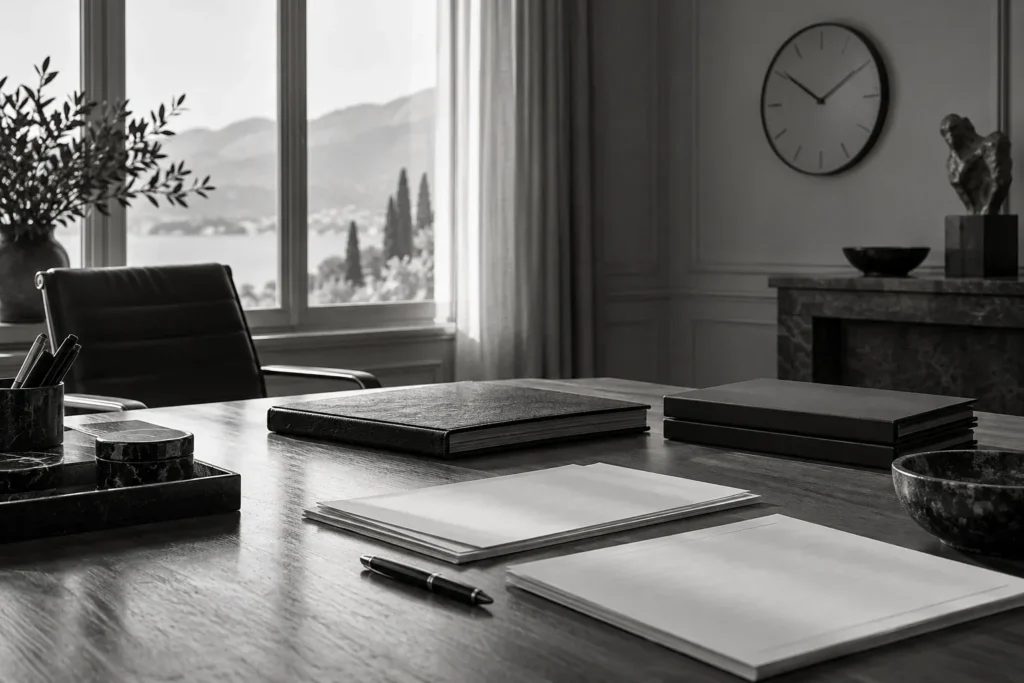 Monochrome office desk with papers and a pen