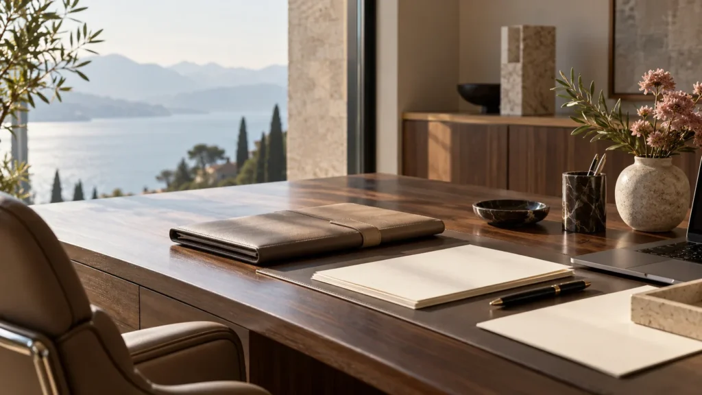 A quiet family-office desk with blank budget papers, a closed folio and soft natural light