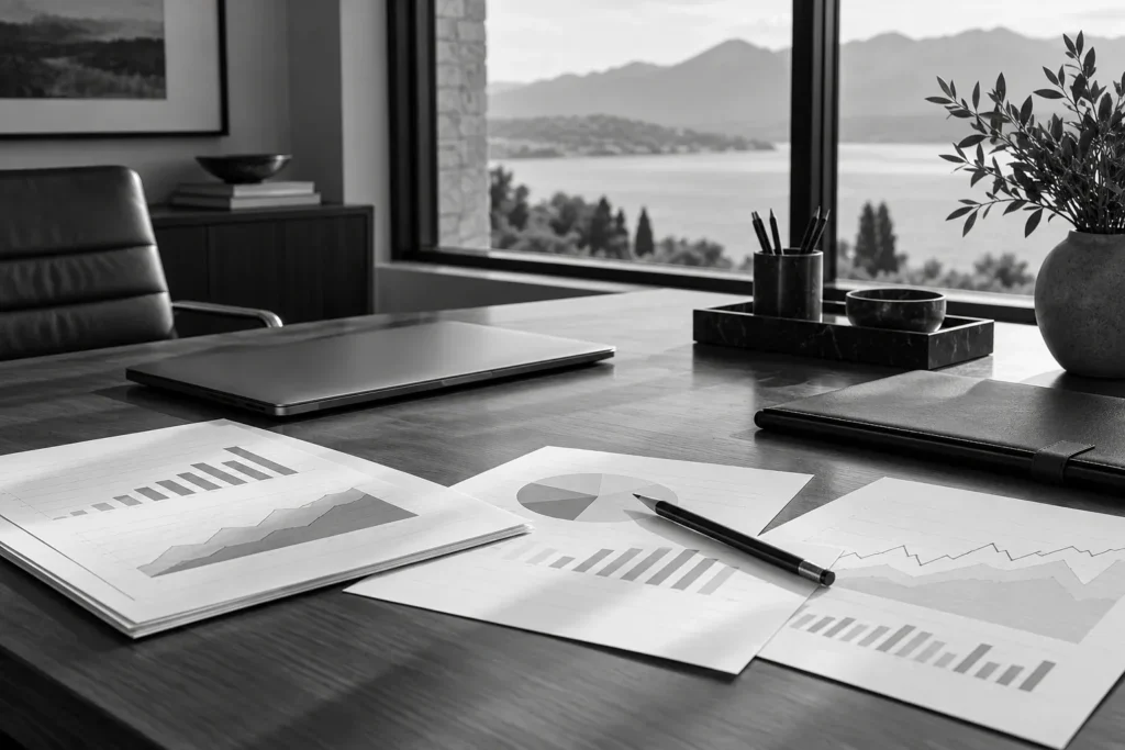 Black-and-white desk scene with valuation papers, financial charts and a laptop; no text overlay.