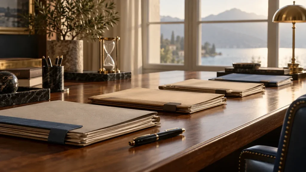 Three folders and an hourglass on a family-office desk overlooking water.