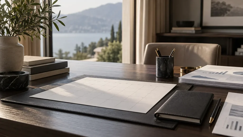 Blank paper calendar and unmarked financial reports on a family-office desk, without overlaid text