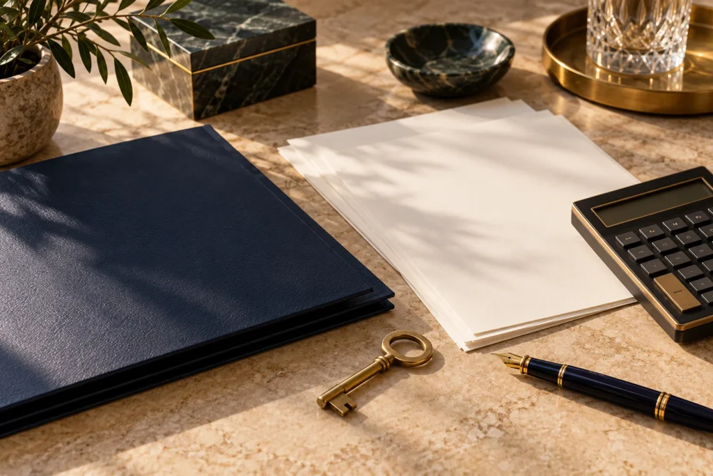 A navy folio, blank financial papers and a brass key on a desk