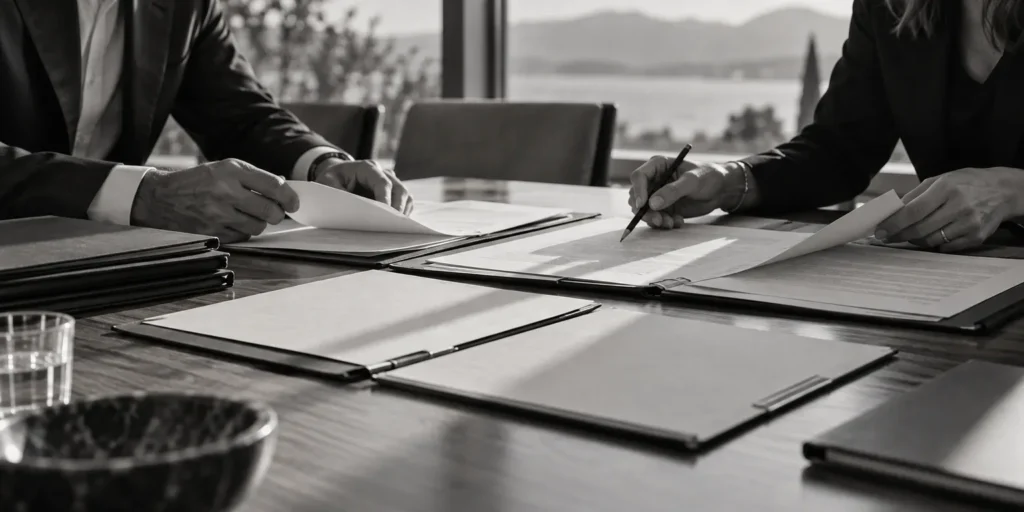 Two professionals reviewing blank service agreement folders and papers at a boardroom table, with no text in the image.