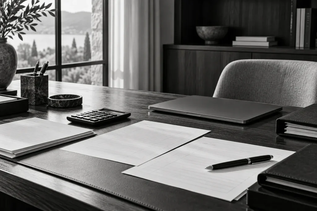 Text-free black-and-white office desk with blank planning papers, a calculator and a closed laptop