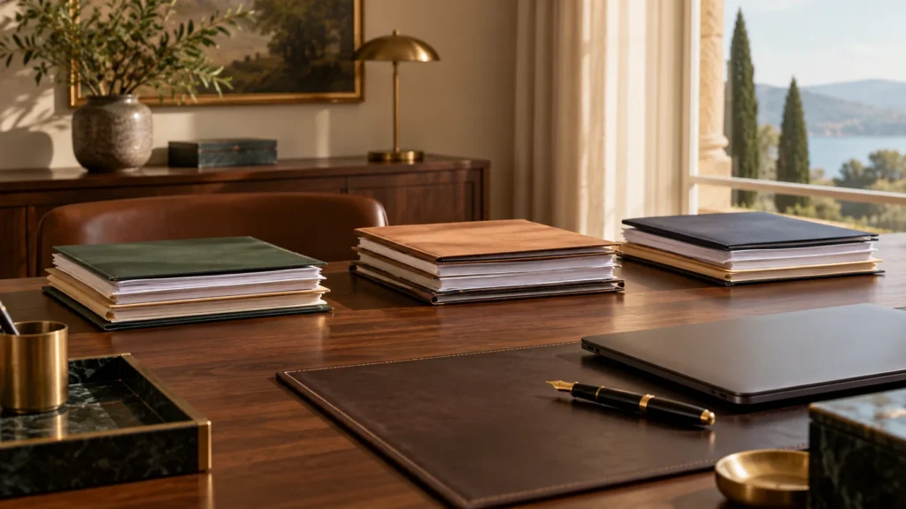 Warm private-office desk with financial papers, a laptop, pen and water glass; no words or labels on the image.