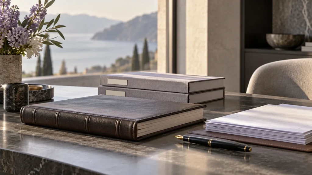 Quiet trustee desk with a closed ledger, two archival folders, papers and pen; no text.