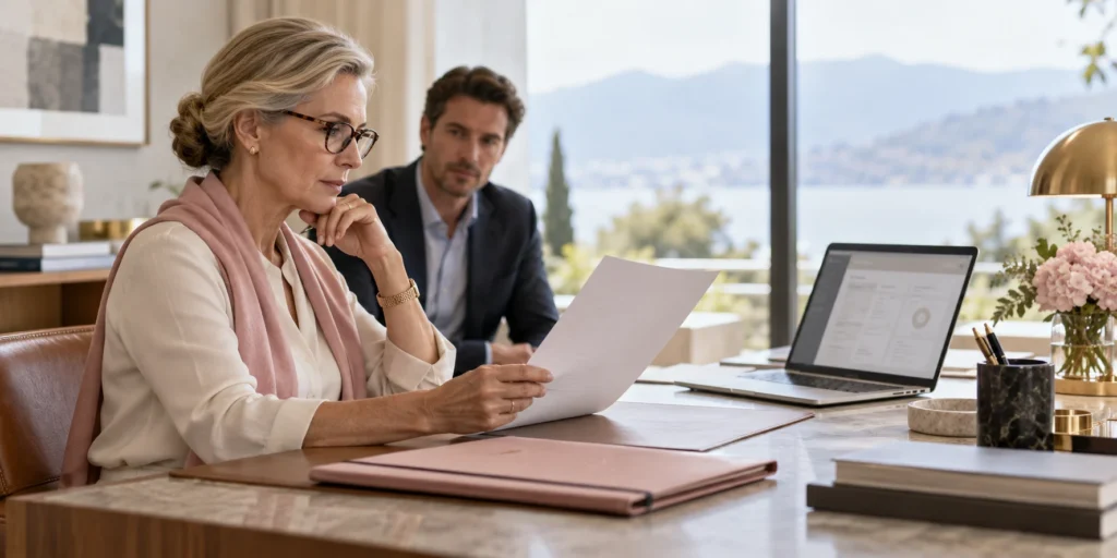 Operations professional reviewing a service document beside a laptop in an office