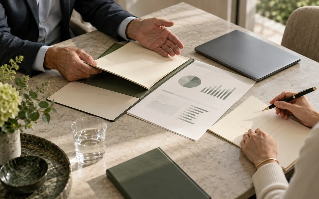 Two professionals reviewing a family trust file beside printed reports and an investment chart