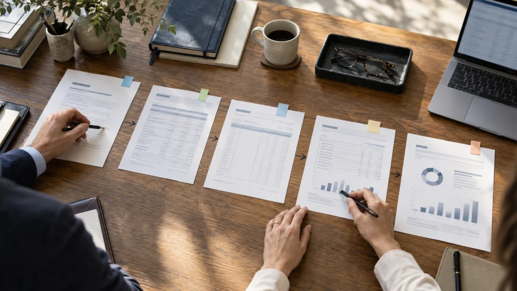 Two people review a sequence of printed financial records beside a laptop.