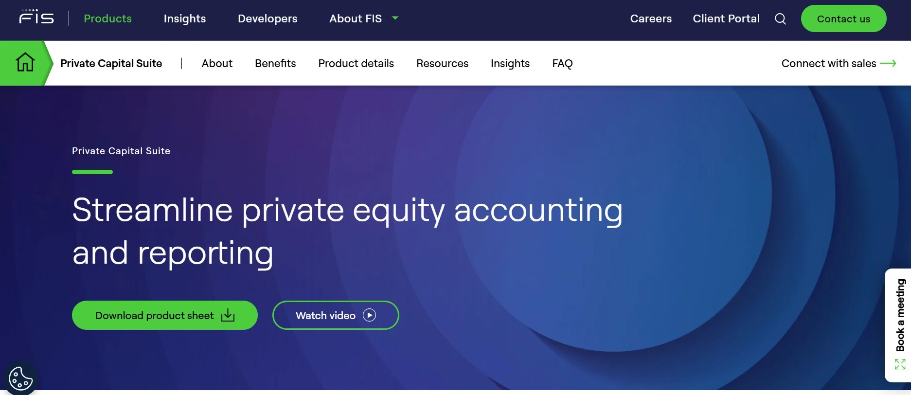 FIS Private Capital Suite product webpage headed Streamline private equity accounting and reporting.
