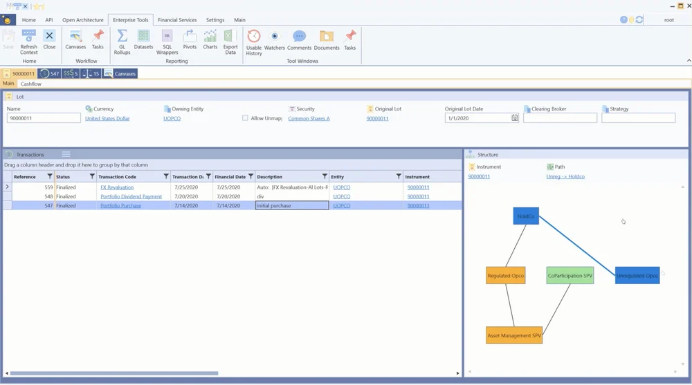LemonEdge transaction list alongside an entity-structure diagram.
