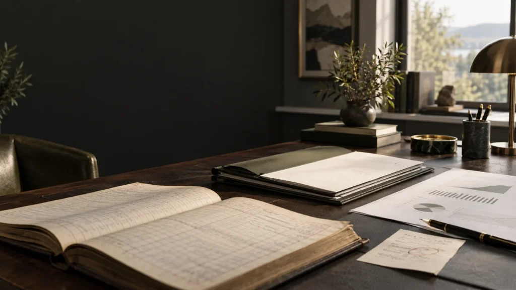 An open accounting ledger and financial reports on a family-office desk