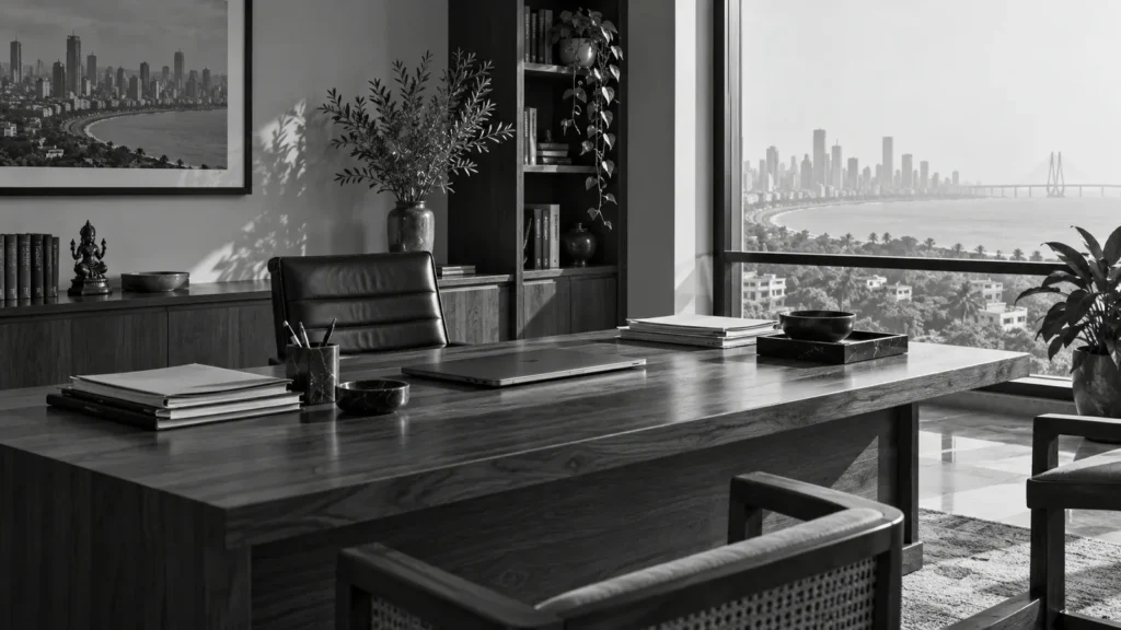 Black-and-white view of a quiet Indian family office desk overlooking a city