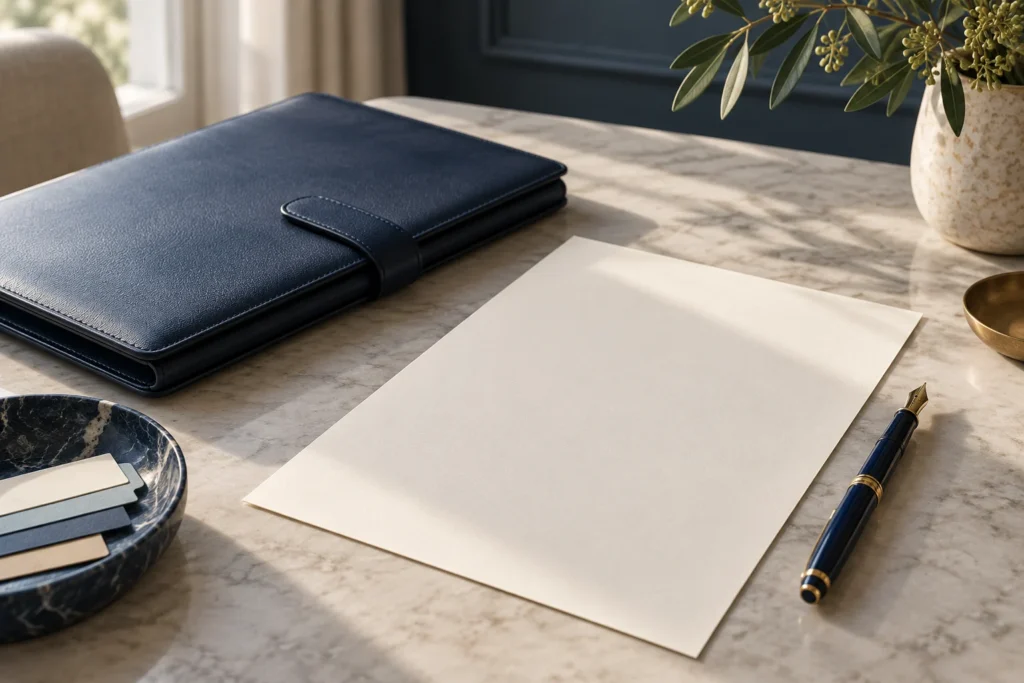 A blank policy sheet, navy folio and pen on a desk