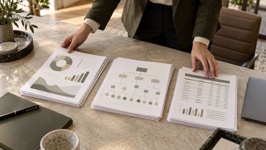 A family-office team member compares three sets of reporting, entity and portfolio records.