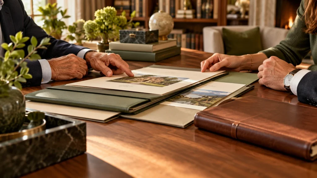 Older and younger family members review property and investment folders around a library table.
