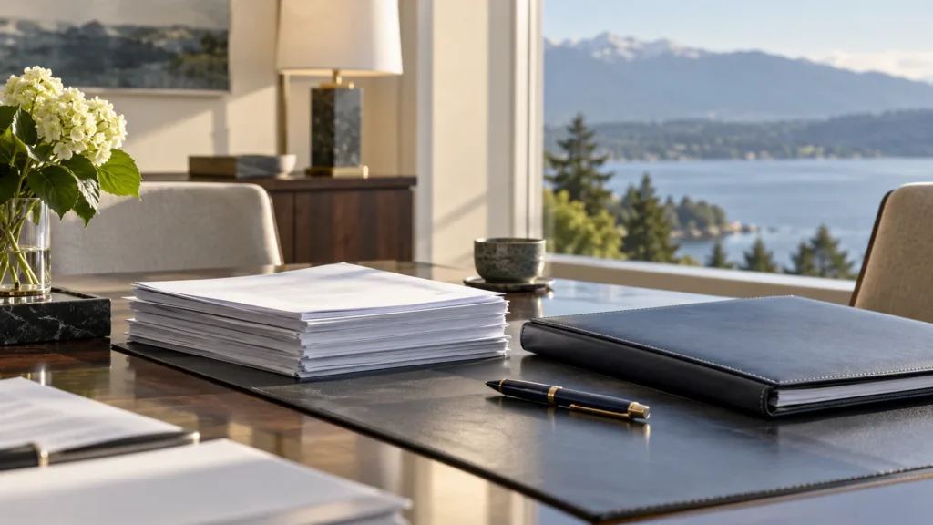 Text-free editorial photograph of a stack of fund documents, portfolio binder and pen on a quiet office desk