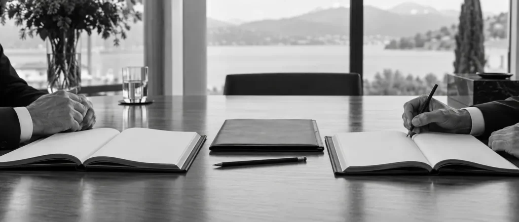 Two parties review separate transaction records across a table overlooking a city