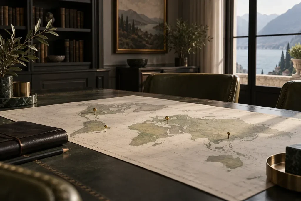 Text-free editorial photograph of a world map with four brass location pins on a family-office table.