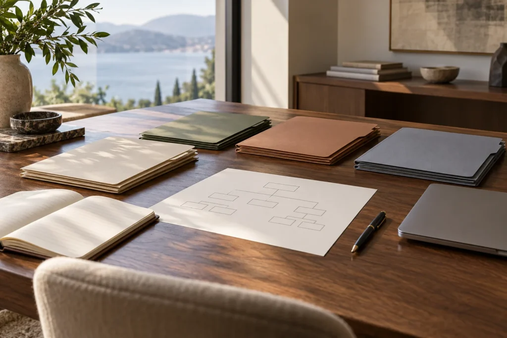An organized family-office work desk with blank folders and a simple ownership chart