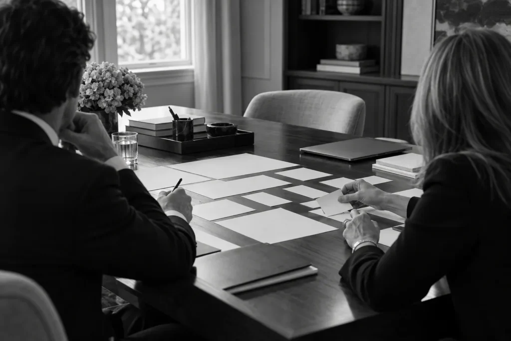 Two professionals reviewing a family office workload map at a table, with no text in the image.