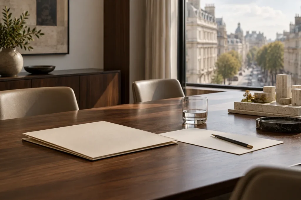 A text-free private office table overlooking a London street, with an unmarked folder and pencil