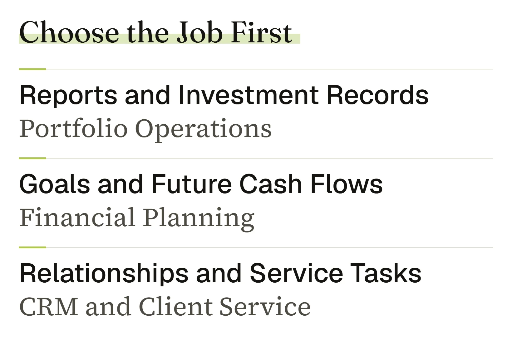 Three software jobs mapped to portfolio operations, financial planning, and CRM and client service.