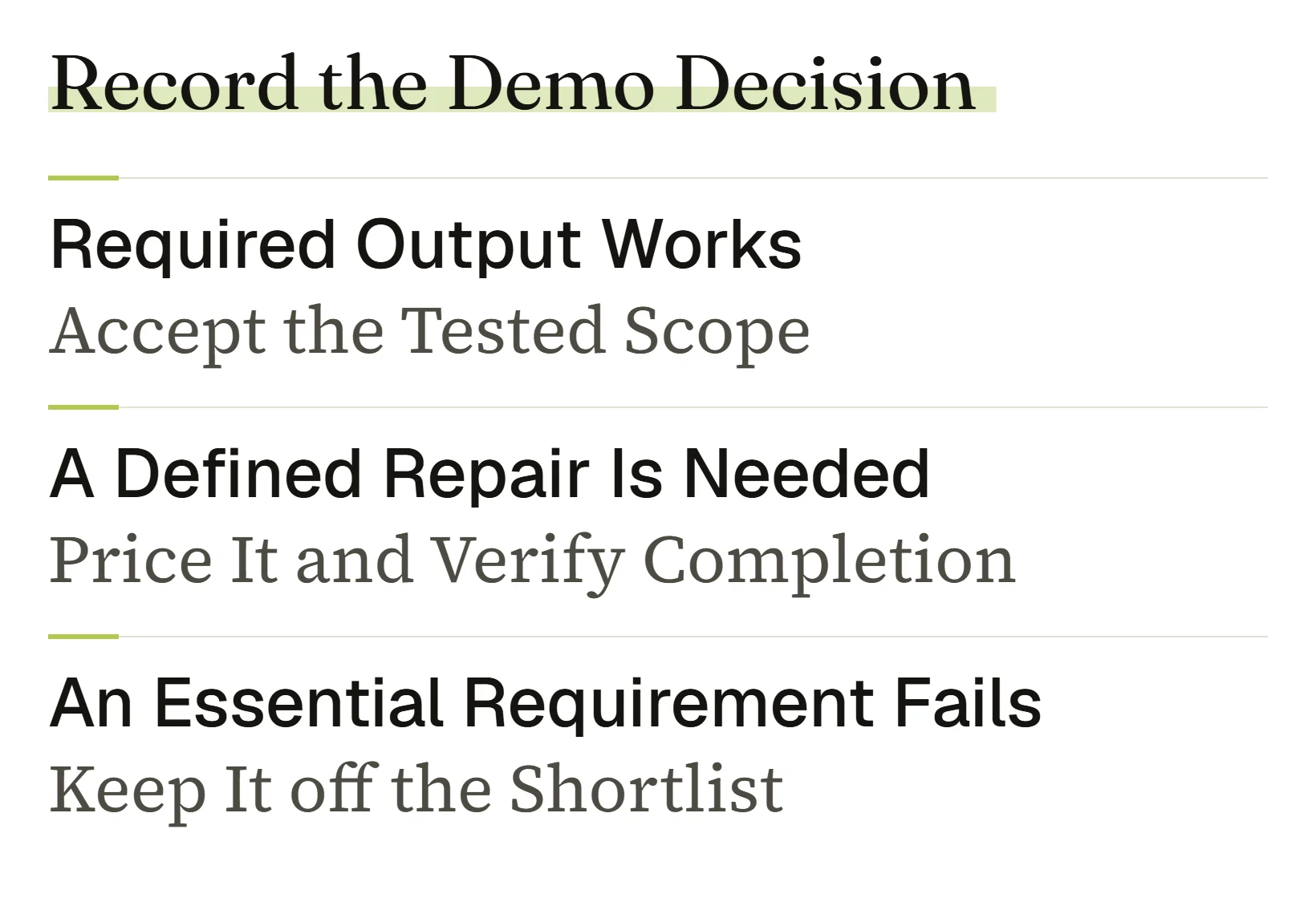 Three demonstration results mapped to accepting tested scope, pricing and verifying a repair, or excluding a failed essential requirement.